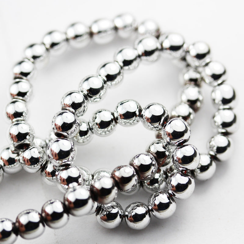 Hematite, 6mm round gemstone, One full strand , Electroplated Silver Gemstone beads, hole 1mm,16"