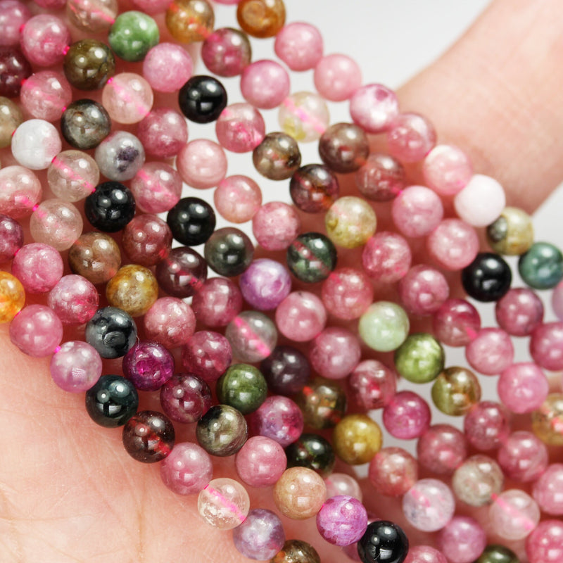 Natural Tourmaline, 4.5mm Colorful Natural Tourmaline Gemstone Round Beads, 16", 0.8mm hole