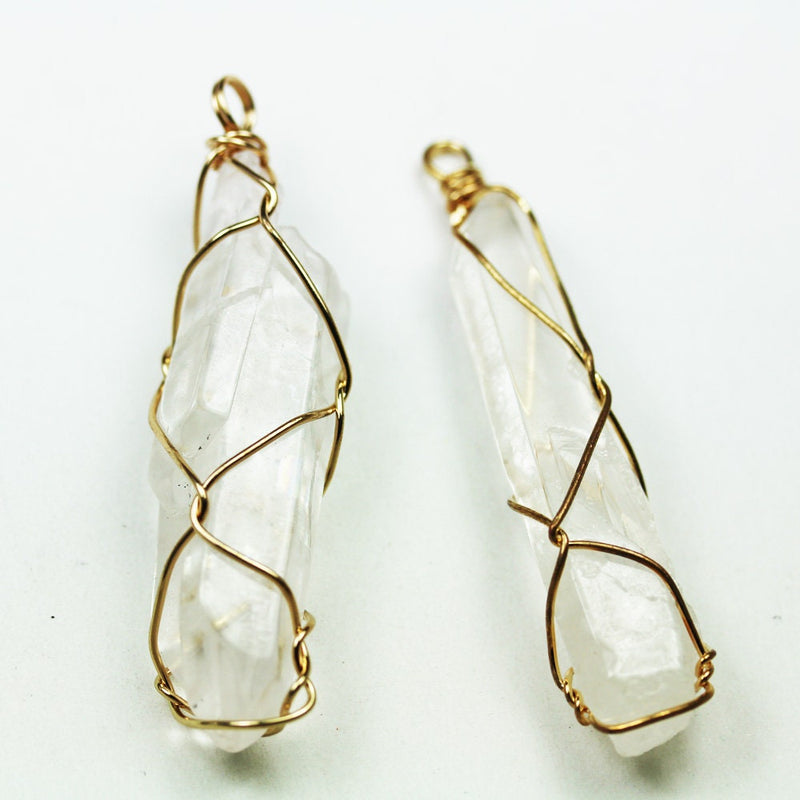 2pcs Clear Quartz Nugget Gemstone, Gold Plated Wire Wrapped Pendant, 13-17mm Width*40-50mm Length