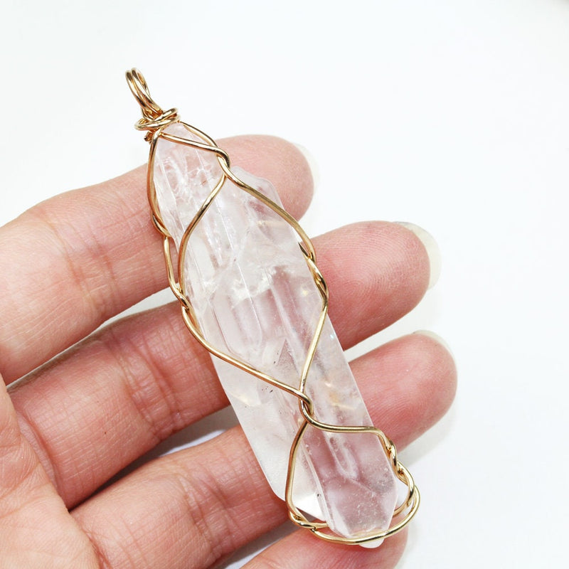 2pcs Clear Quartz Nugget Gemstone, Gold Plated Wire Wrapped Pendant, 13-17mm Width*40-50mm Length