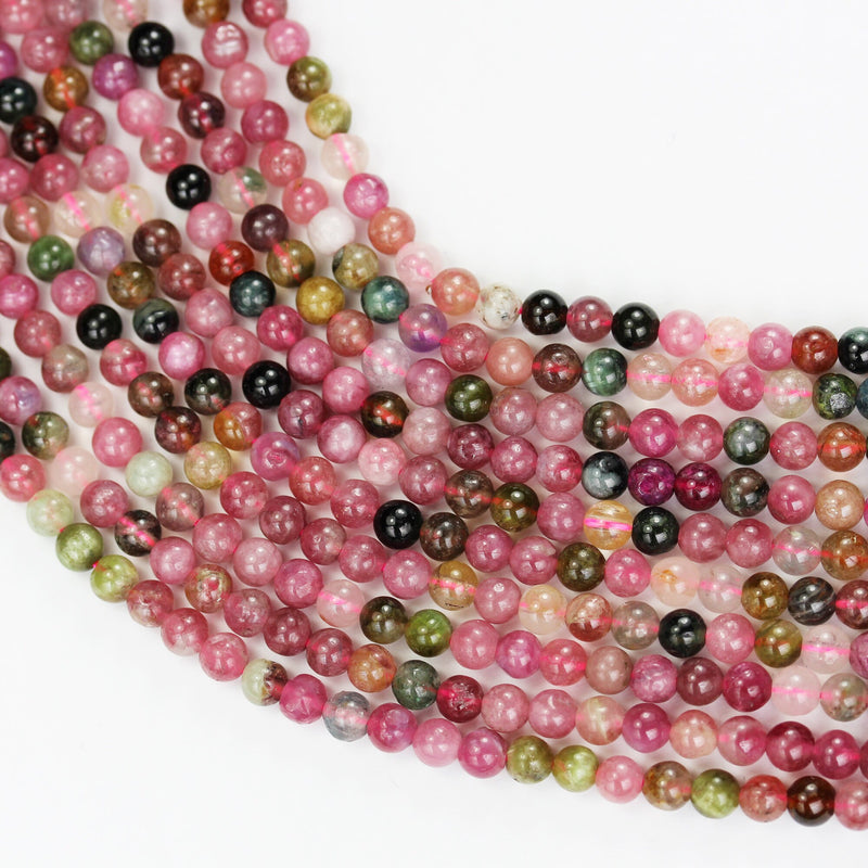 Natural Tourmaline, 4.5mm Colorful Natural Tourmaline Gemstone Round Beads, 16", 0.8mm hole