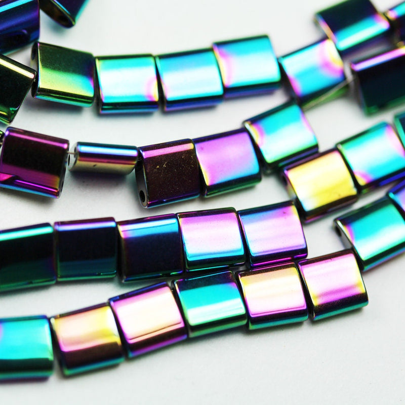 Hematite,5mm Electroplated Rainbow Color Square Shape Gemstone beads, double hole 0.6mm,16"