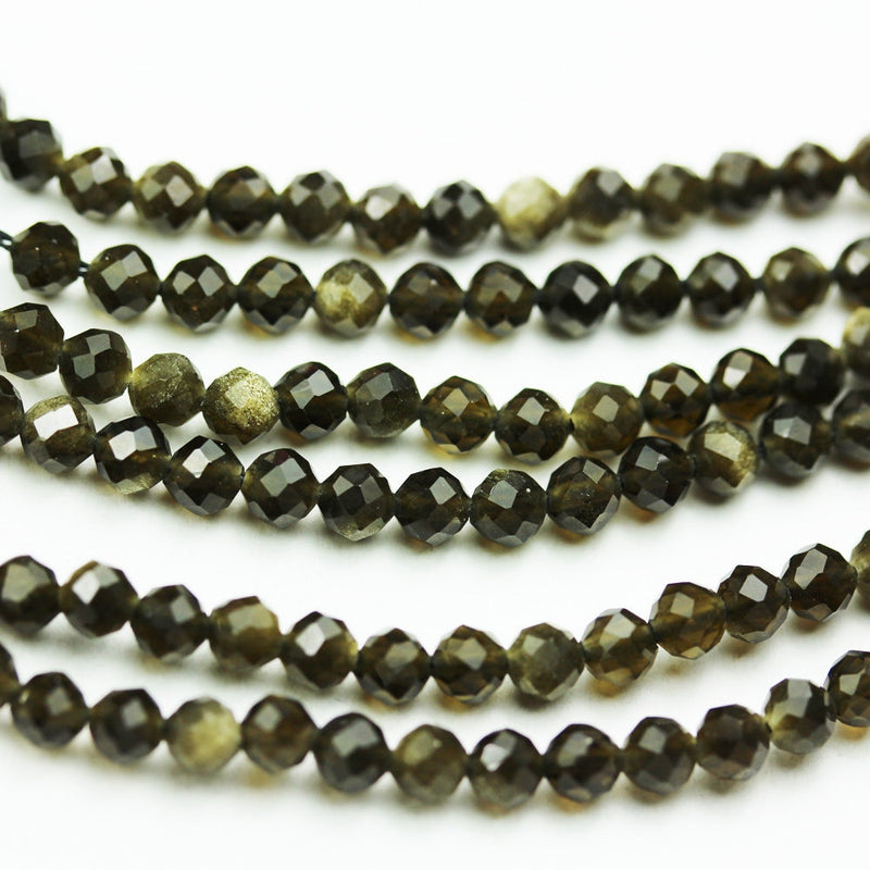 Natural Golden Obsidian,3mm Faceted Round Natural Gemstone Beads, 15.5 inch , 0.6mm hole