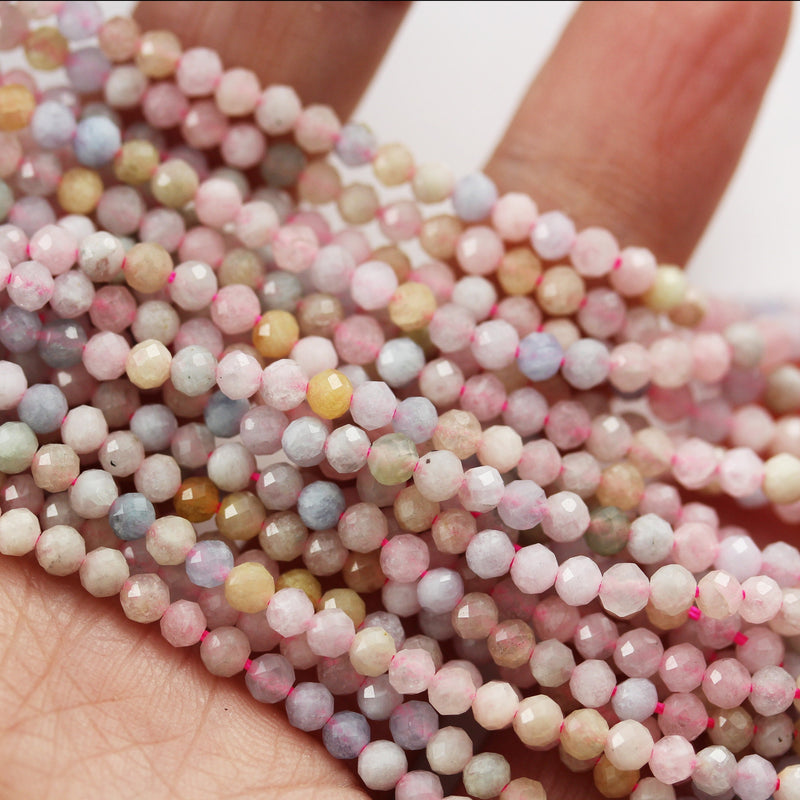 Beryl Mix, Aquamarine, Heliodor and morganite, 3mm Faceted Round Mixed Gemstone ,One full strand, hole0.6mm,16"