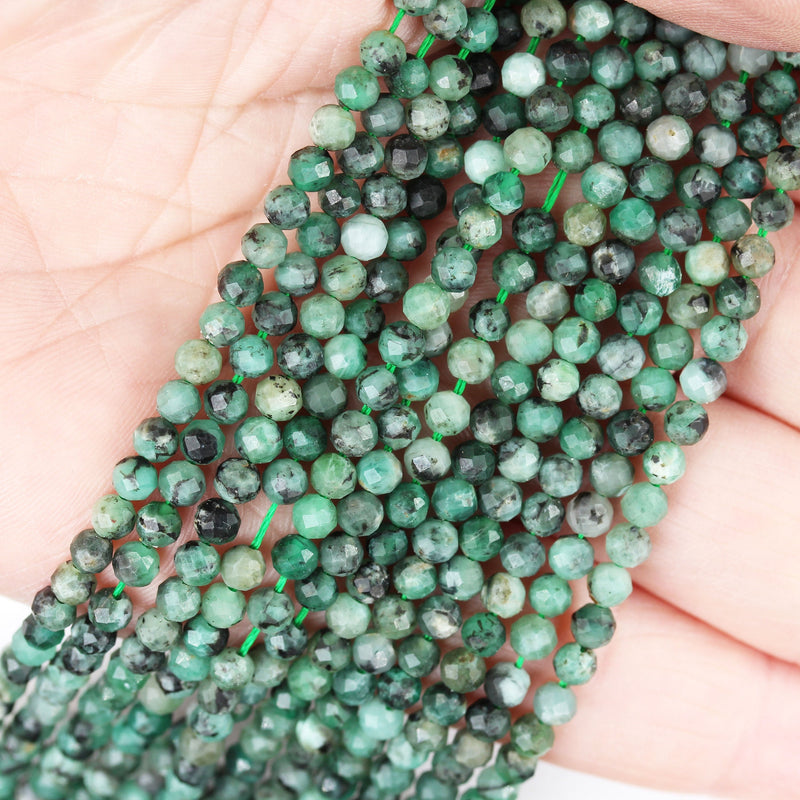 Natural Emerald Gemstone ,3.4mm Faceted Round Gemstone Strand, One full strand,15.5inch, 0.6mm hole