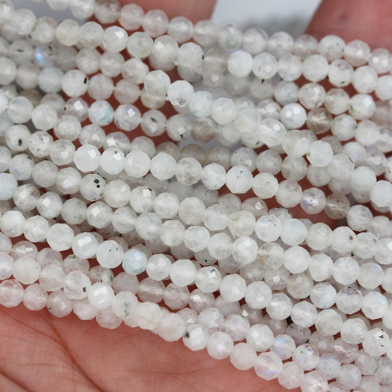 Moonstone with Blue Flash, 3mm White Faceted Round Gemstone Strand,15.5inch, about 115beads , 0.6mm hole