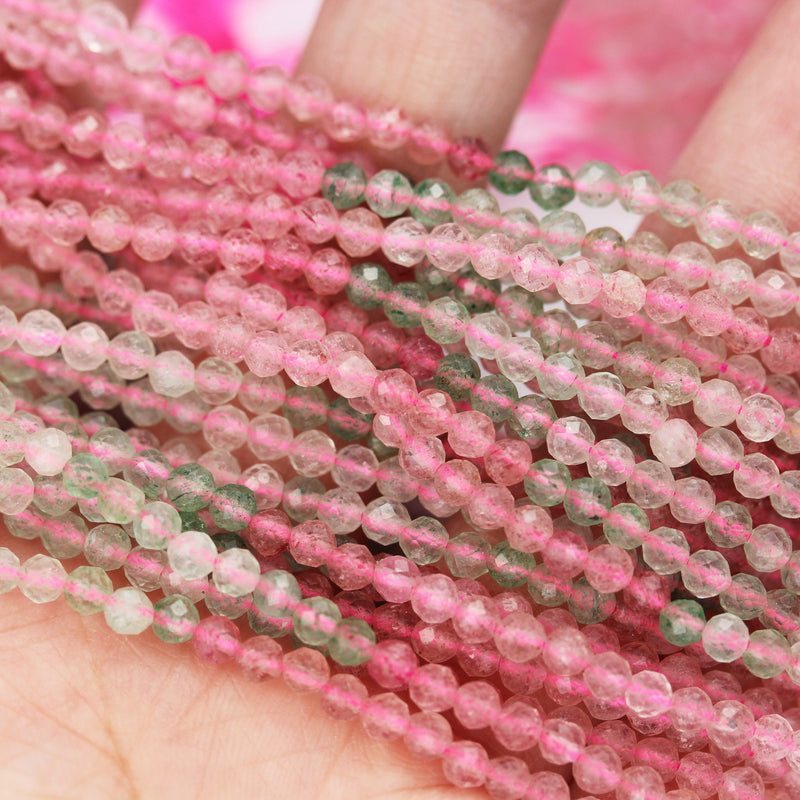 Natural Strawberry Quartz 3mm Faceted Round Natural  Gemstone Strands, 15.5 inch , 0.6mm hole, about 130beads