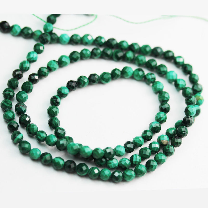 Malachite, 3mm Faceted Round  15.5 Natural Gemstone Strand, 0.6mm hole,130 beads