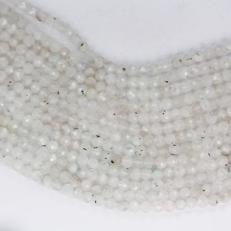 Moonstone with Blue Flash, 3mm White Faceted Round Gemstone Strand,15.5inch, about 115beads , 0.6mm hole