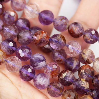 Super seven-8mm Genuine Cacoxenite amethyst, Faceted Round Gemstone Beads, 7.5inch,about 22pcs beads ,1mm hole