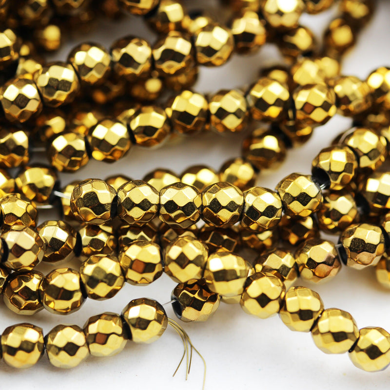 Hematite,3mm faceted round gemstone, Electroplated  Gold Color , hole 0.6mm,15.5 ", about 150beads