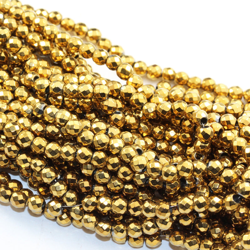 Hematite,3mm faceted round gemstone, Electroplated  Gold Color , hole 0.6mm,15.5 ", about 150beads