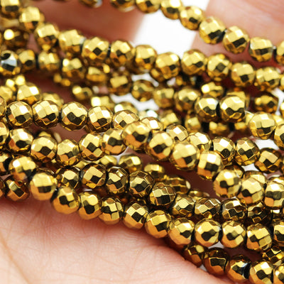 Hematite,3mm faceted round gemstone, Electroplated  Gold Color , hole 0.6mm,15.5 ", about 150beads