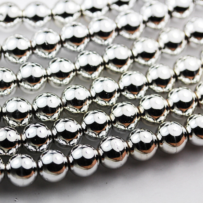 Hematite, 8mm round gemstone, One full strand , Electroplated Silver Gemstone beads, hole 1mm,16"