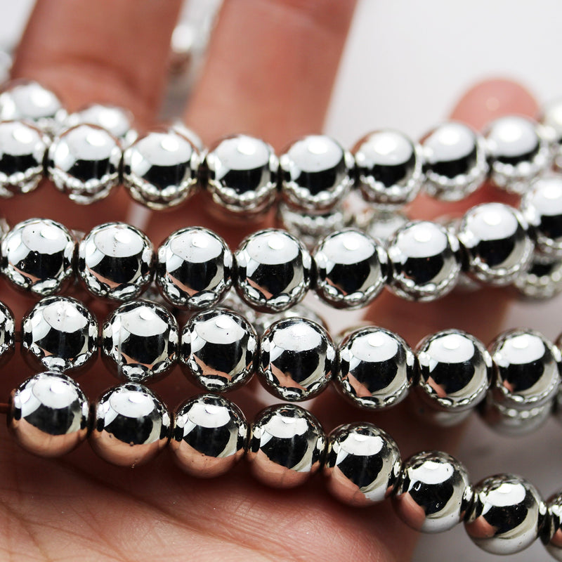 Hematite, 8mm round gemstone, One full strand , Electroplated Silver Gemstone beads, hole 1mm,16"