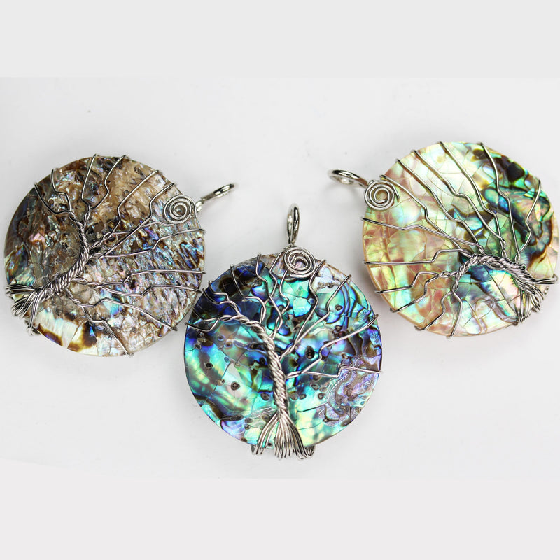 1pc Tree of Life, Natural Abalone Shell Pendant, Silver Plated Wire Wrapped, 35mm