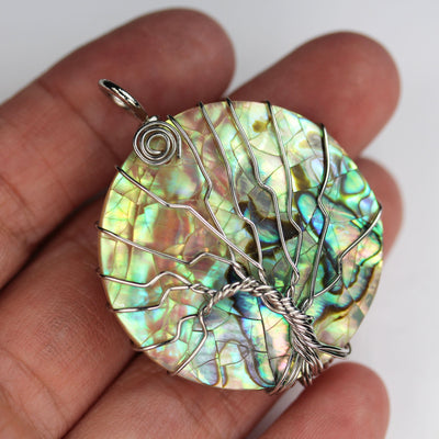 1pc Tree of Life, Natural Abalone Shell Pendant, Silver Plated Wire Wrapped, 35mm