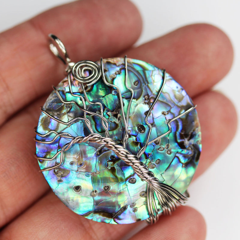 1pc Tree of Life, Natural Abalone Shell Pendant, Silver Plated Wire Wrapped, 35mm