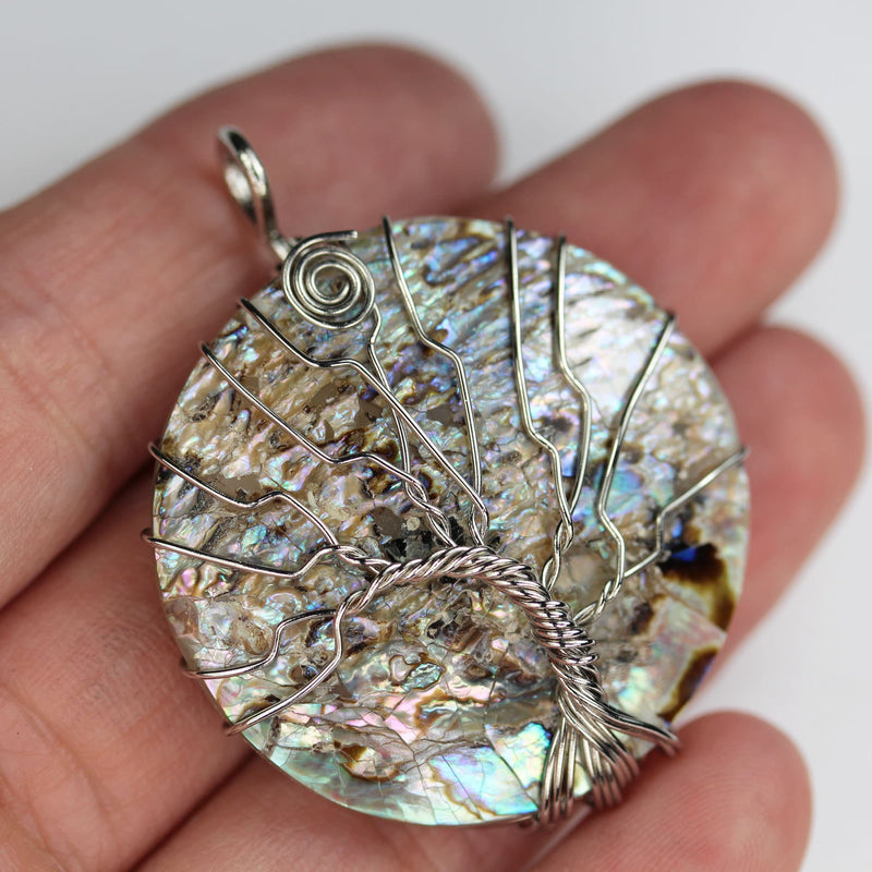 1pc Tree of Life, Natural Abalone Shell Pendant, Silver Plated Wire Wrapped, 35mm