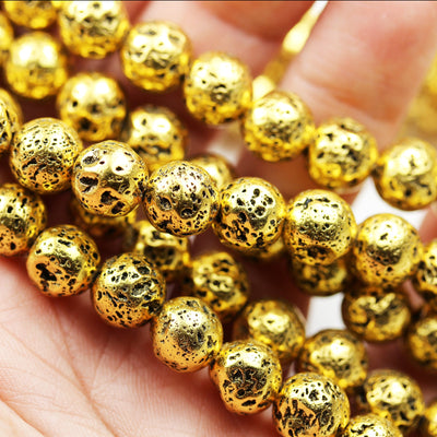 Gold Plated Lava Rock,8mm Round Gemstone Beads,One Full Strand, Mala Beads, 1mm hole, about 50 pcs