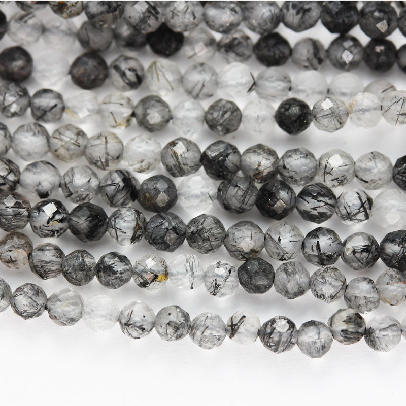 Black Rutilated Quartz ,2.8mm Faceted Round Gemstone Strand, One full strand, 0.6mm hole, 90beads