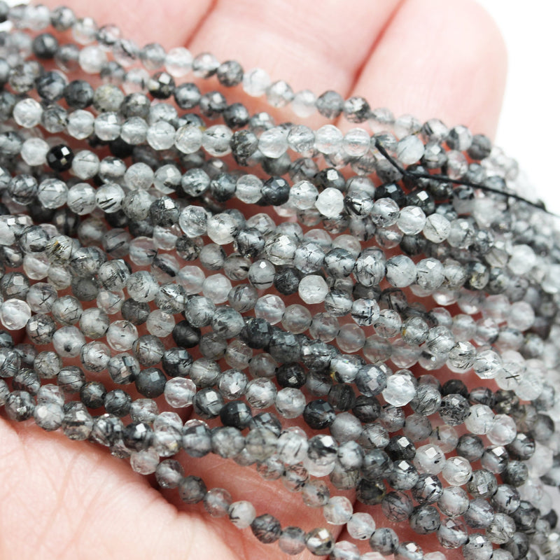 Black Rutilated Quartz ,2.8mm Faceted Round Gemstone Strand, One full strand, 0.6mm hole, 90beads