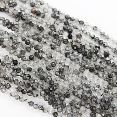 Black Rutilated Quartz ,2.8mm Faceted Round Gemstone Strand, One full strand, 0.6mm hole, 90beads