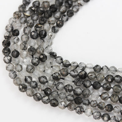 Black Rutilated Quartz ,2.8mm Faceted Round Gemstone Strand, One full strand, 0.6mm hole, 90beads