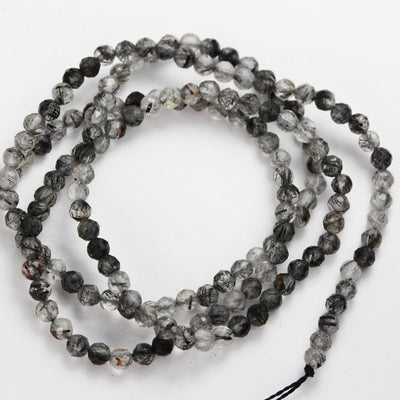 Black Rutilated Quartz ,2.8mm Faceted Round Gemstone Strand, One full strand, 0.6mm hole, 90beads