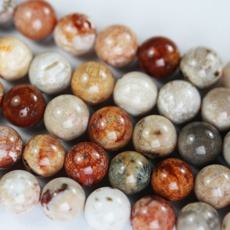 Natural Fossil Coral , 8mm Beads Gemstone Strand, Vibrant Red Orange Brown,15.5inch, 1mm hole