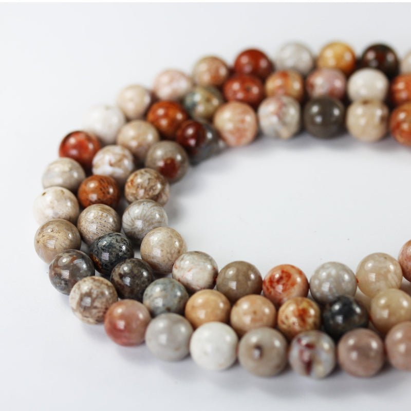 Natural Fossil Coral , 8mm Beads Gemstone Strand, Vibrant Red Orange Brown,15.5inch, 1mm hole