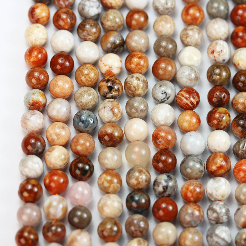 Natural Fossil Coral , 8mm Beads Gemstone Strand, Vibrant Red Orange Brown,15.5inch, 1mm hole