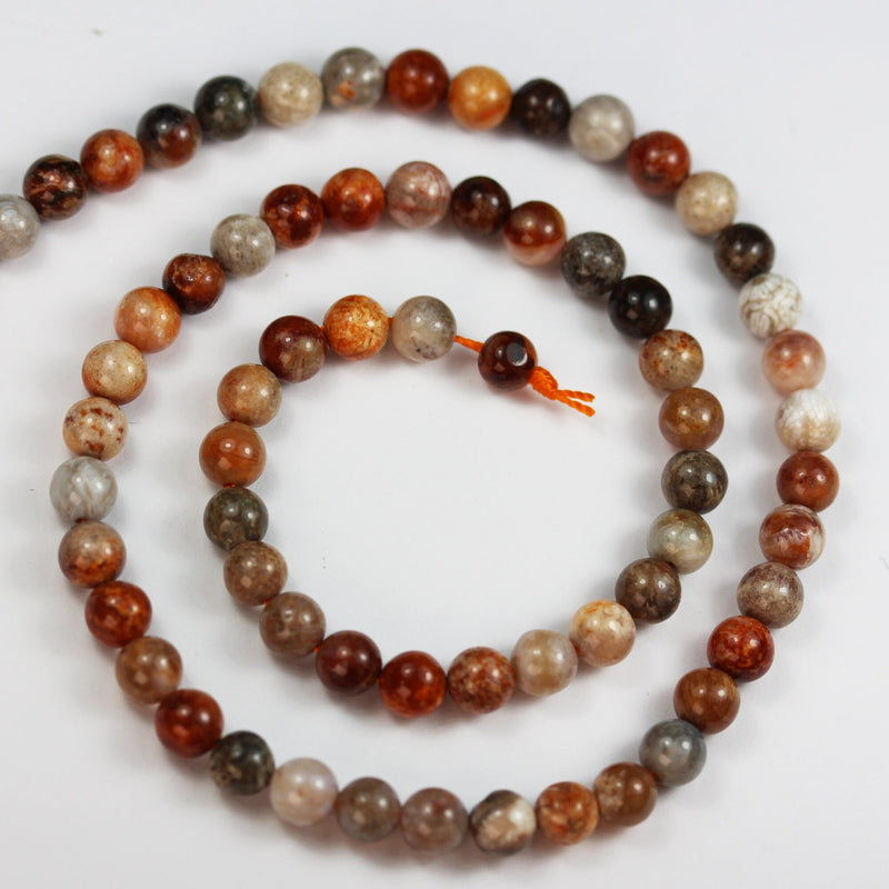 Natural Fossil Coral , 8mm Beads Gemstone Strand, Vibrant Red Orange Brown,15.5inch, 1mm hole