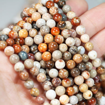 Natural Fossil Coral , 8mm Beads Gemstone Strand, Vibrant Red Orange Brown,15.5inch, 1mm hole