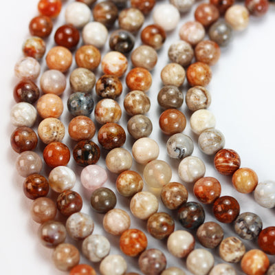 Natural Fossil Coral , 8mm Beads Gemstone Strand, Vibrant Red Orange Brown,15.5inch, 1mm hole