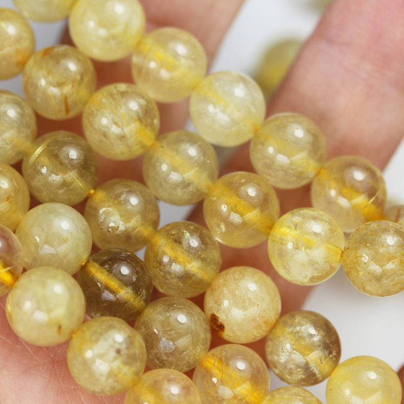 10mm Natural Gold Rutilated Quartz, Round Gemstone, 15.5inch,Gold Color, hole 1mm, about 40 pcs