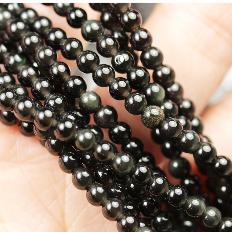 Rainbow obsidian, 4mm Round Natural Gemstone Strand , 15.5inch, 0.6mm hole, Black color