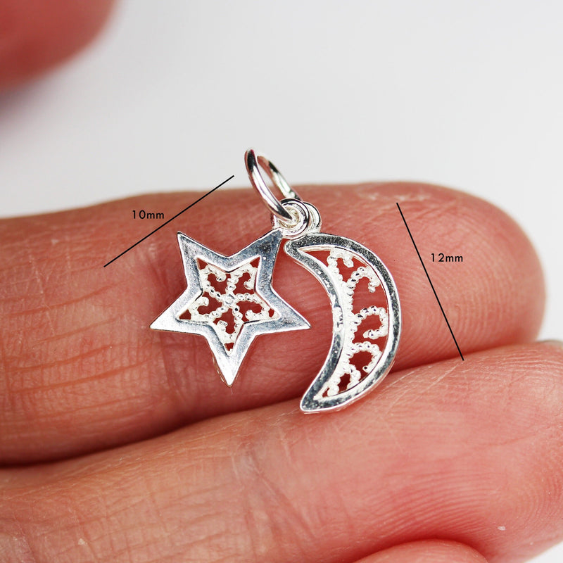 Silver charm 2pcs 925 sterling silver jewelry findings moon and star charm, 12mm moon and 10mm star, 6mm closed jump ring