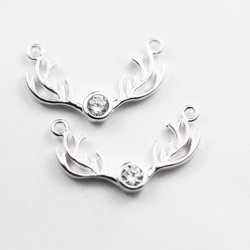 Sivler Charm 1pc 925 Sterling Silver Antler Pendant/Charm Jewellery Findings,with Cubic Zirconia , 12*20mm,with 1mm closed ring