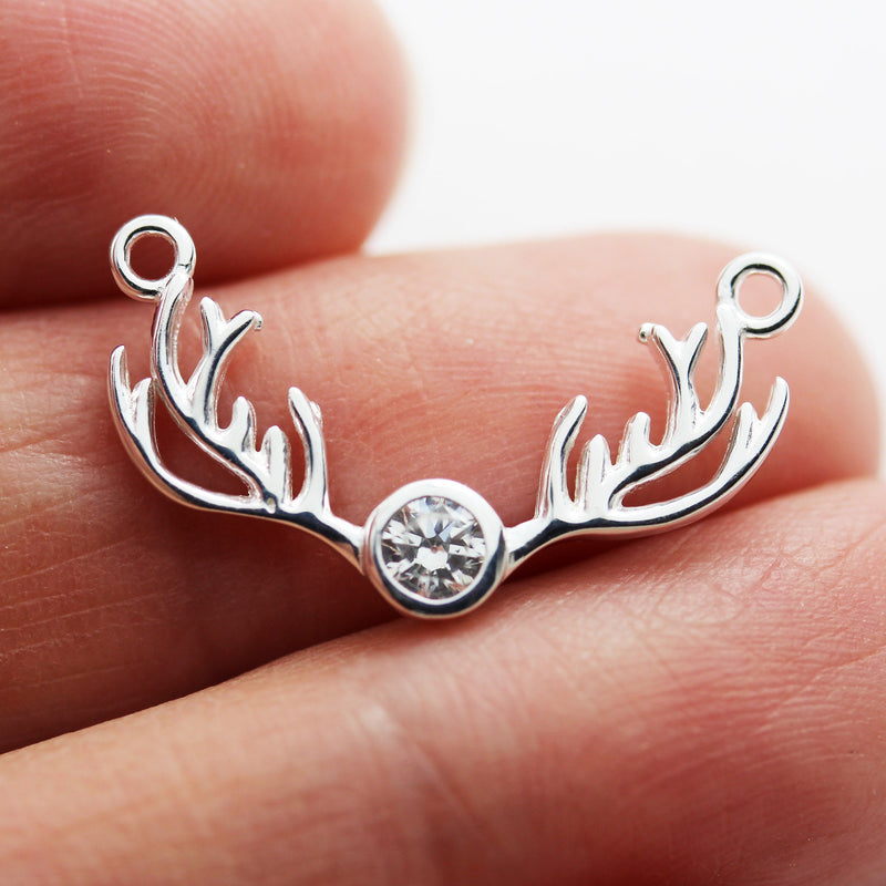 Sivler Charm 1pc 925 Sterling Silver Antler Pendant/Charm Jewellery Findings,with Cubic Zirconia , 12*20mm,with 1mm closed ring