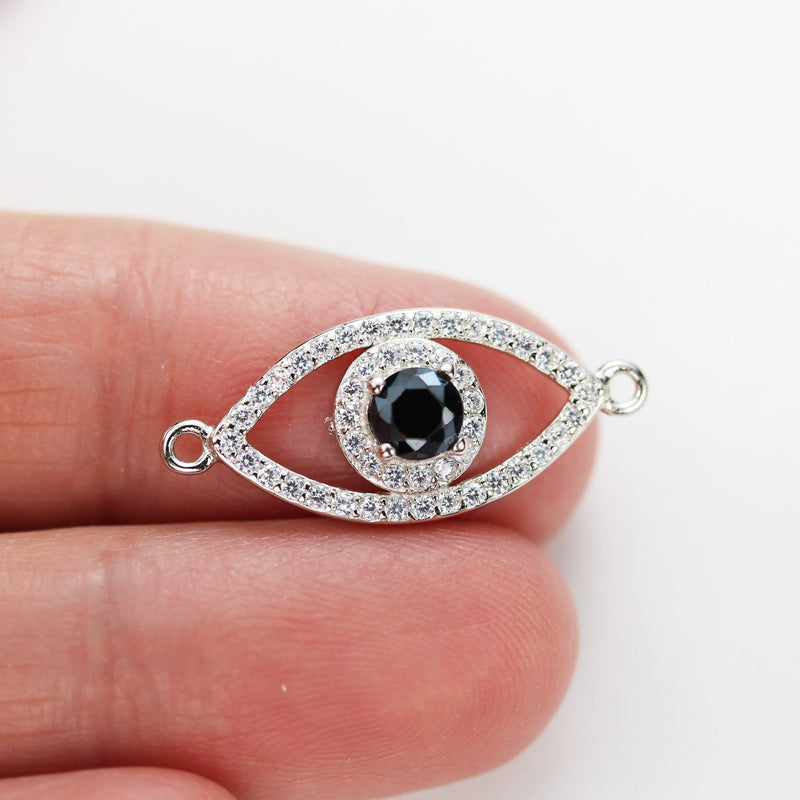 Connector Findings 1pc 925 Sterling silver with Cubic Zirconia Evil Eye Jewellery Findings , 20*40mm ,1mm hole