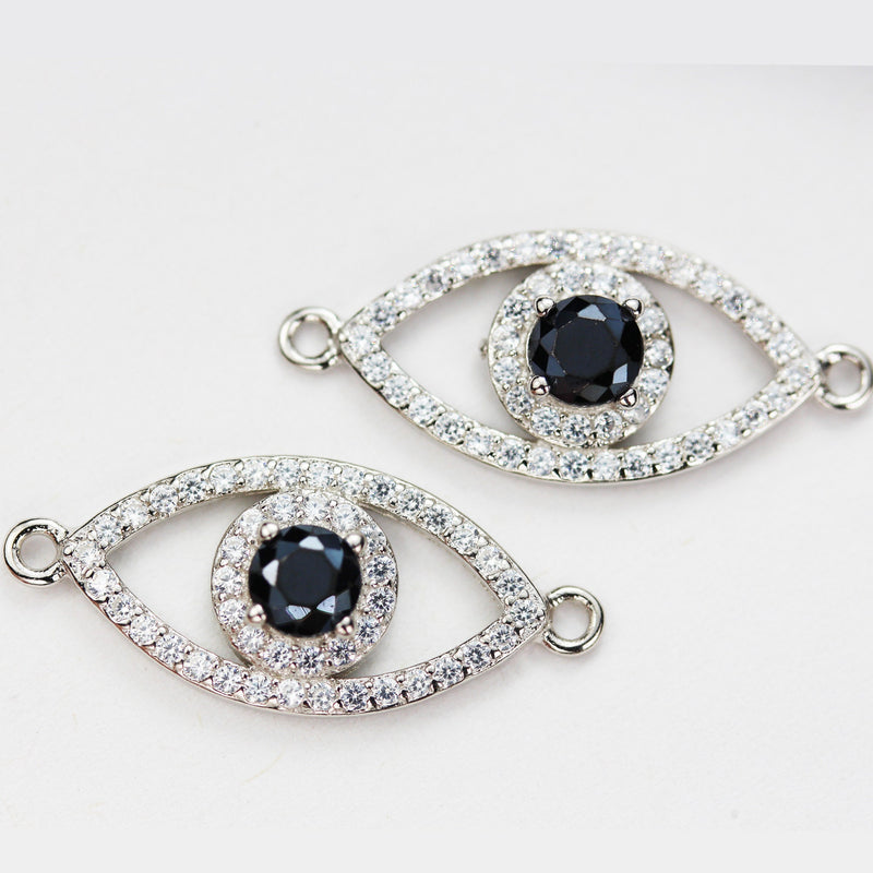 Connector Findings 1pc 925 Sterling silver with Cubic Zirconia Evil Eye Jewellery Findings , 20*40mm ,1mm hole