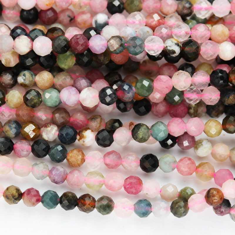 Tourmaline, 3mm Faceted round Gemstone Beads ,  Full strand Colorful, 16", 0.6mm hole