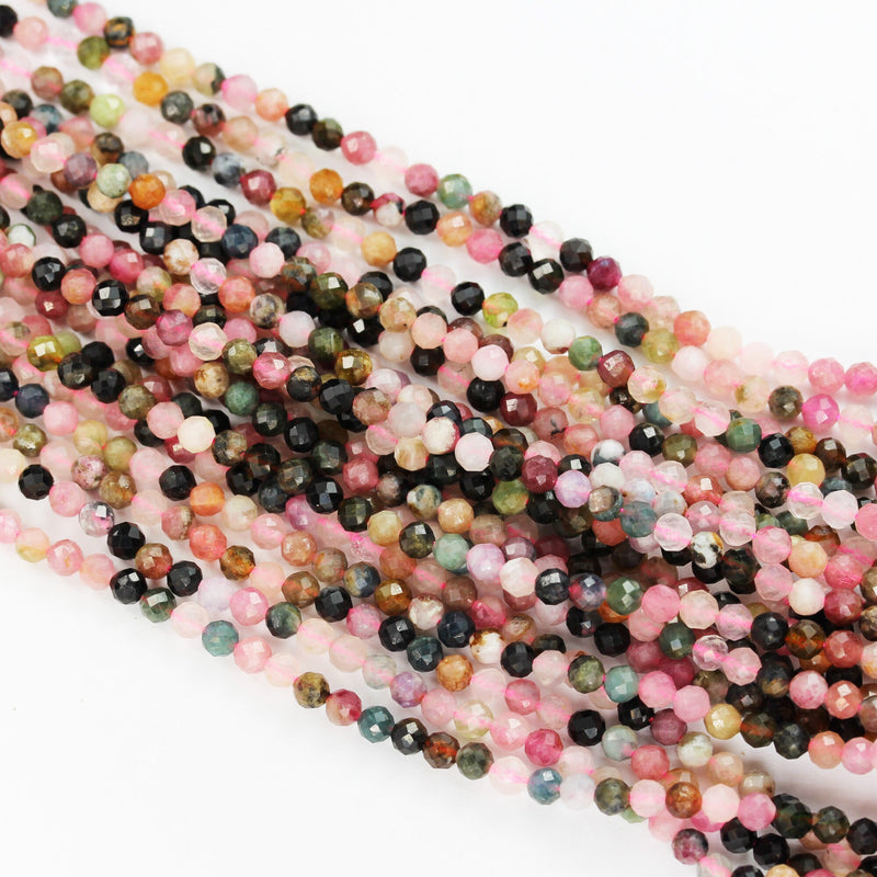 Tourmaline, 3mm Faceted round Gemstone Beads ,  Full strand Colorful, 16", 0.6mm hole