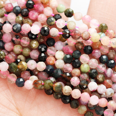 Tourmaline, 3mm Faceted round Gemstone Beads ,  Full strand Colorful, 16", 0.6mm hole