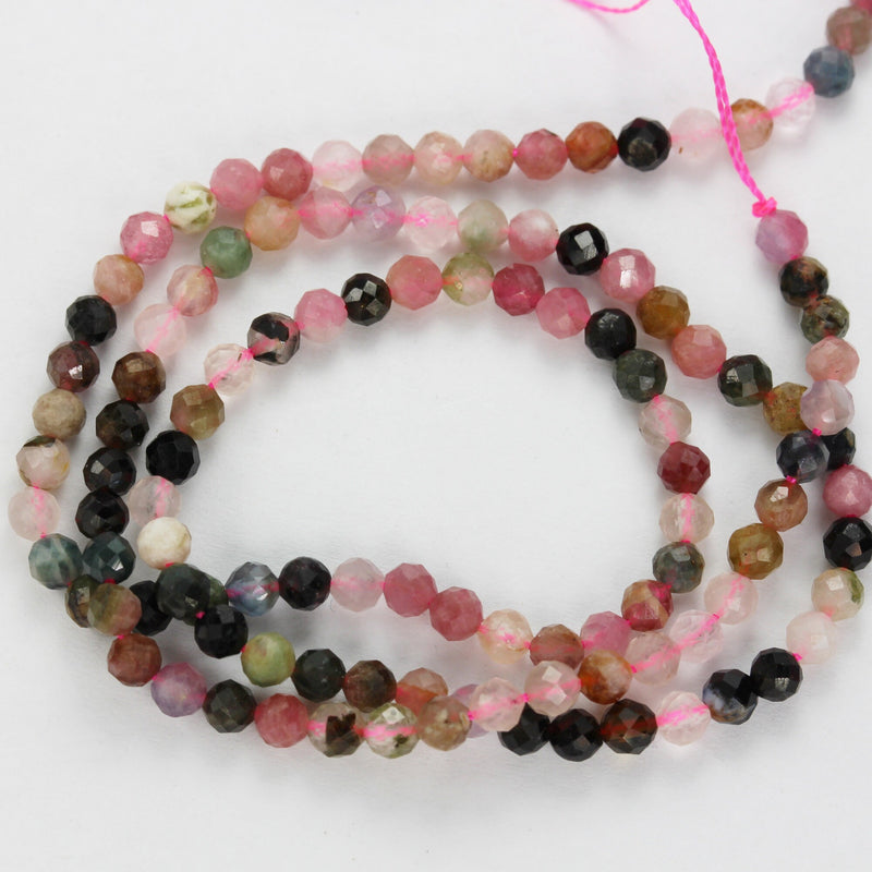 Tourmaline, 3mm Faceted round Gemstone Beads ,  Full strand Colorful, 16", 0.6mm hole