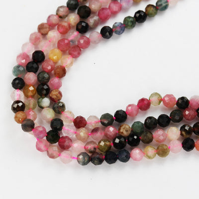 Tourmaline, 3mm Faceted round Gemstone Beads ,  Full strand Colorful, 16", 0.6mm hole