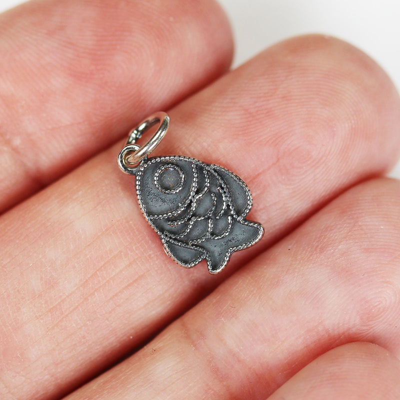 Jewelry charms 2pcs 925 Antique Sterling Silver Jewellery findings Charm Beads ,Fish, 10*12mm