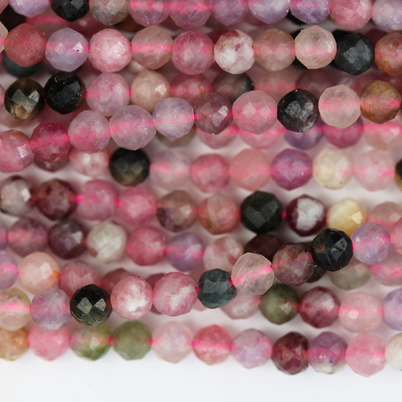 Tourmaline, 3mm faceted round gemstone beads ,  full strand colorful, 16", 0.6mm hole