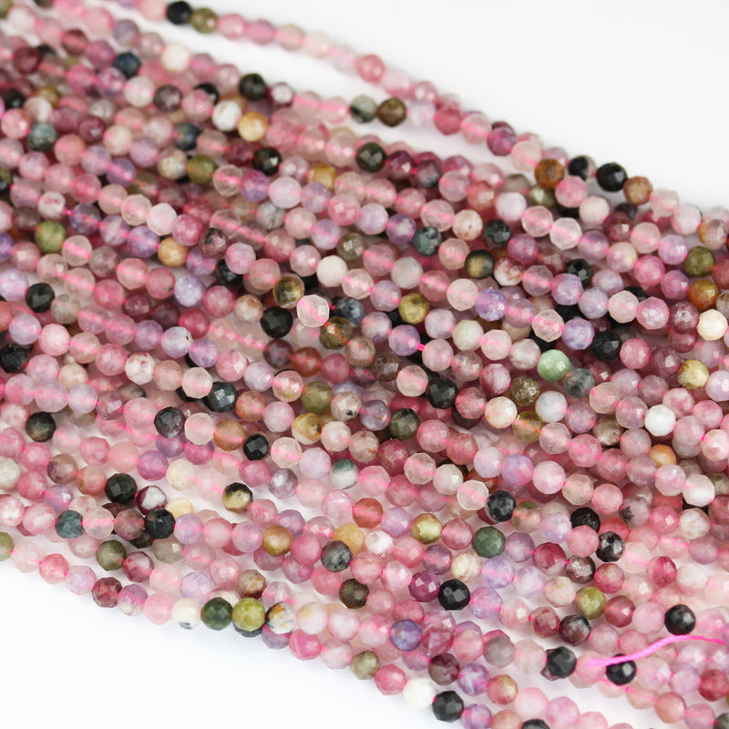 Tourmaline, 3mm faceted round gemstone beads ,  full strand colorful, 16", 0.6mm hole